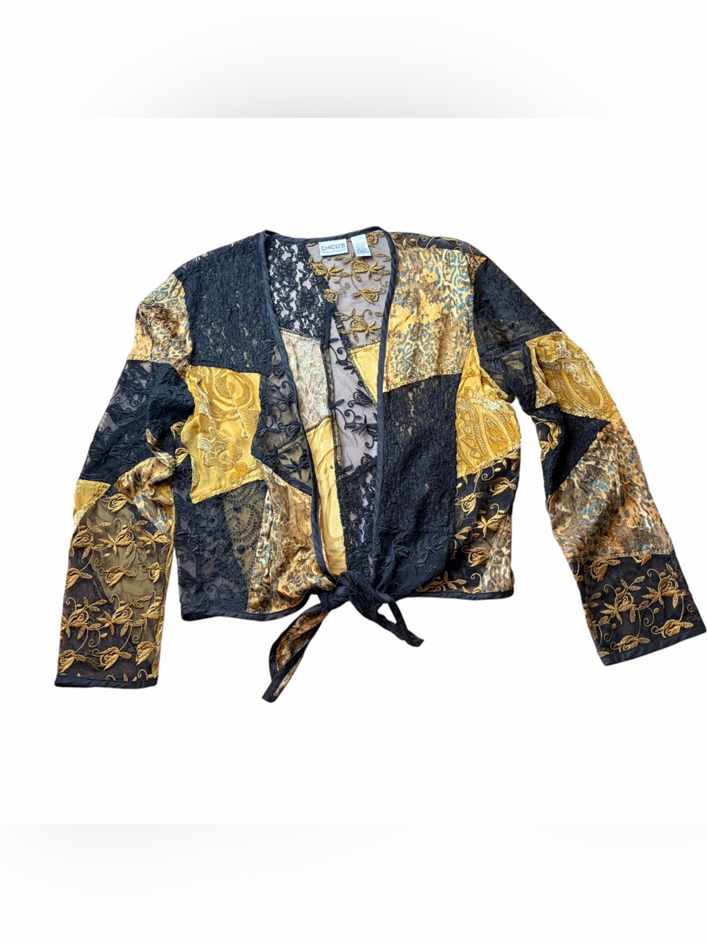 Chico's Y2K Vintage Patchwork Bohemian Black/Gold Sheer Tie Front Top Sz 1